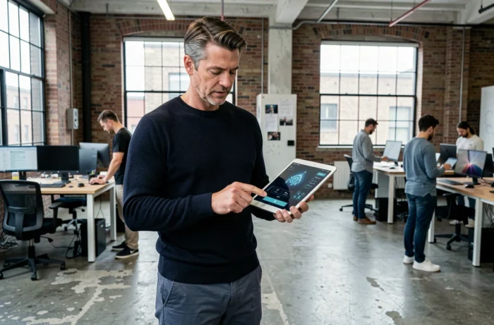 Homme en espace de travail collaboratif utilisant une tablette avec interface d'intelligence artificielle dans une startup technologique moderne