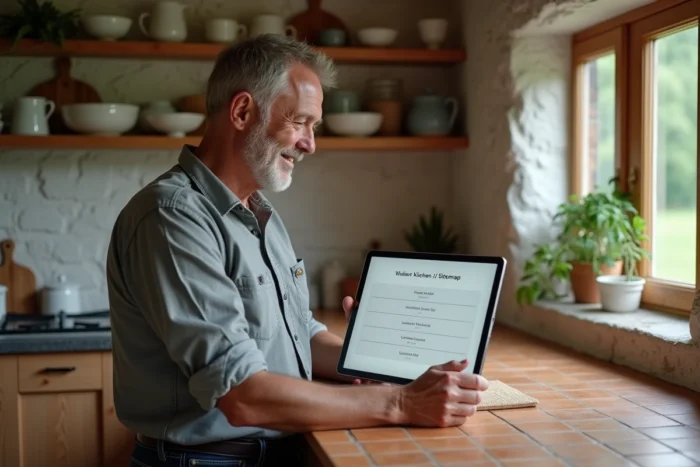 Homme consultant le plan de navigation du site Jolie Breizh sur une tablette dans une cuisine bretonne rustique