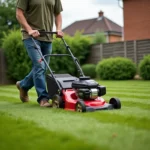 Homme utilisant une tondeuse thermique puissante sur un grand jardin résidentiel bien entretenu