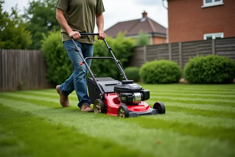 Homme utilisant une tondeuse thermique puissante sur un grand jardin résidentiel bien entretenu