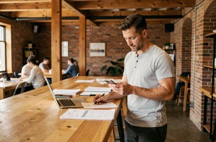Travailleur indépendant remplissant un formulaire de réexpédition CAF dans un espace de coworking