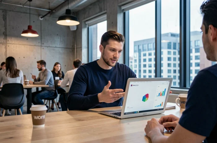 Influenceur masculin analysant des statistiques de campagne marketing digital dans un espace de co-working moderne