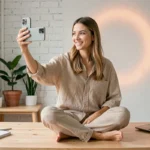 Jeune influenceuse filmant un contenu authentique pour les réseaux sociaux depuis son studio maison minimaliste