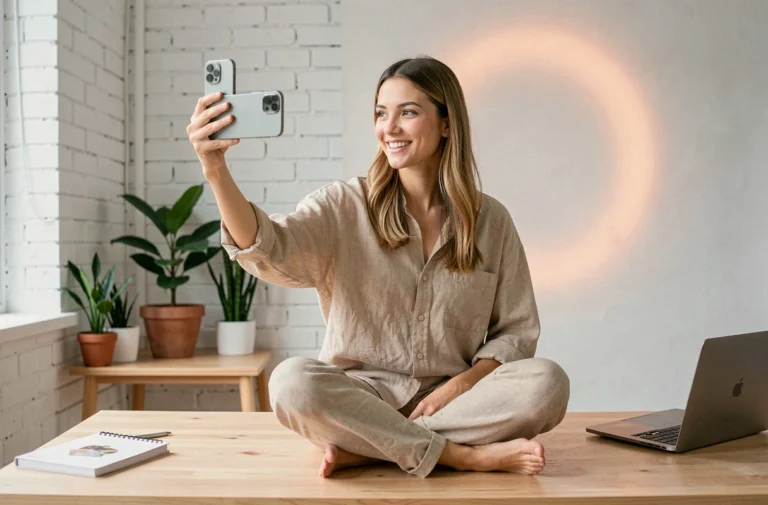 Jeune influenceuse filmant un contenu authentique pour les réseaux sociaux depuis son studio maison minimaliste