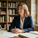 Femme engagée dans la réflexion à son bureau dans un appartement parisien, symbolisant le parcours intellectuel et politique d'Ingrid Betancourt