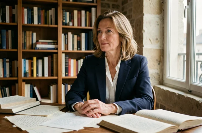 Femme engagée dans la réflexion à son bureau dans un appartement parisien, symbolisant le parcours intellectuel et politique d'Ingrid Betancourt