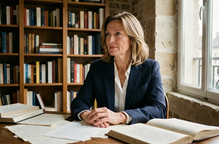 Femme engagée dans la réflexion à son bureau dans un appartement parisien, symbolisant le parcours intellectuel et politique d'Ingrid Betancourt