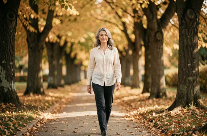 Femme se promenant seule dans un parc européen en automne, illustrant la vie privée et la sérénité retrouvée après un parcours de résilience