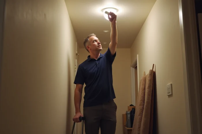 Homme sur un escabeau inspectant une ampoule LED dans le couloir d'un logement lors d'un déménagement
