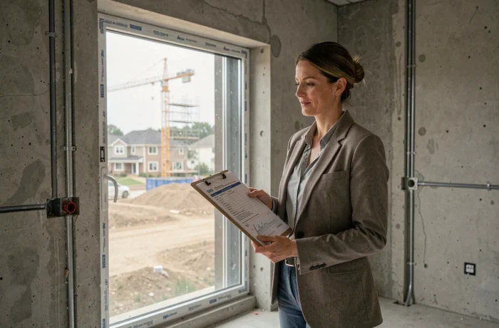 Femme inspectant un appartement en construction lors d'un déblocage de fonds par étapes