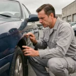 Mécanicien inspectant la carrosserie d'une voiture d'occasion dans un lot de concessionnaire