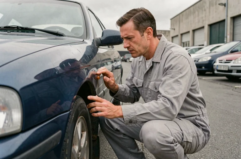 Mécanicien inspectant la carrosserie d'une voiture d'occasion dans un lot de concessionnaire