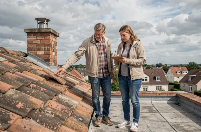 Couple inspectant les tuiles d'un toit en terrasse avec prise de notes, dans un quartier résidentiel sous ciel nuageux