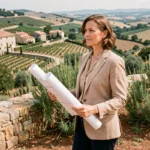 Femme investisseuse immobilière analysant un terrain en coteau avec vue sur une vallée et des maisons en pierre