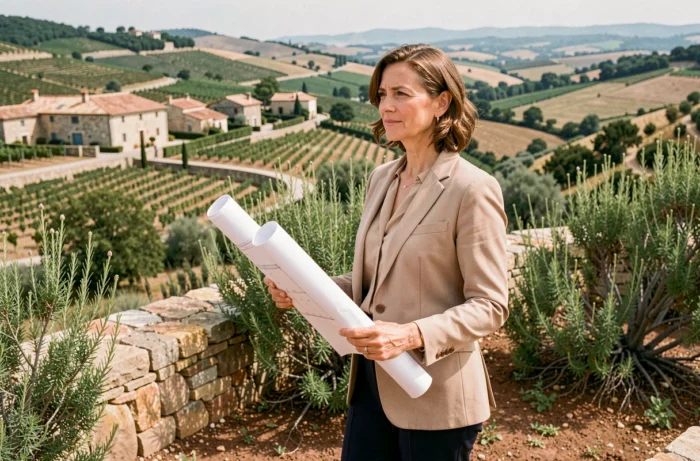 Femme investisseuse immobilière analysant un terrain en coteau avec vue sur une vallée et des maisons en pierre