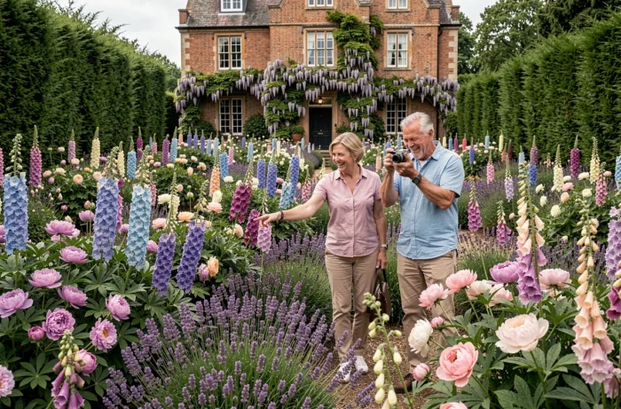 Couple se promenant dans un jardin anglais en fleurs avec manoir en brique rouge en arrière-plan