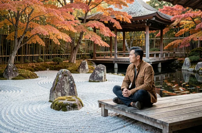 Homme contemplant un jardin zen japonais avec gravier râtelé et érables aux feuilles automnales