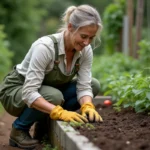 Femme jardinière qui désherbe à la main un potager écologique avec des légumes et des plantes aromatiques