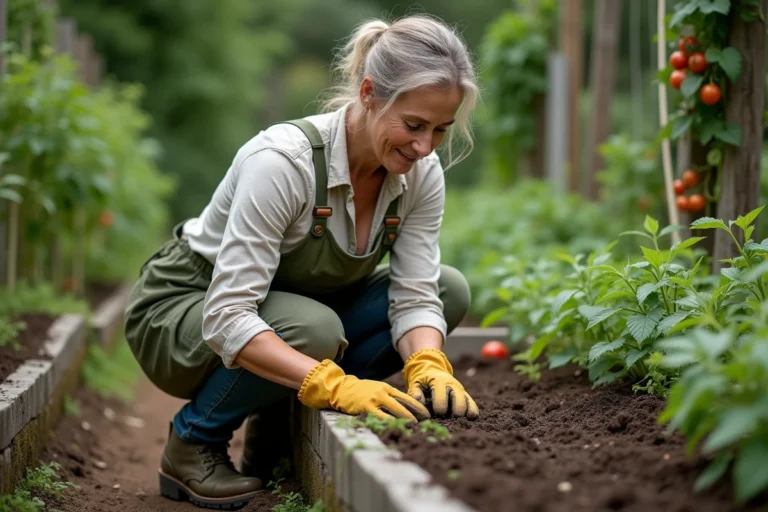 Femme jardinière qui désherbe à la main un potager écologique avec des légumes et des plantes aromatiques