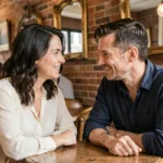 Couple en conversation intime dans un café parisien, illustrant la relation amoureuse de Jenifer Bartoli et Ambroise