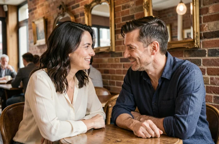 Couple en conversation intime dans un café parisien, illustrant la relation amoureuse de Jenifer Bartoli et Ambroise