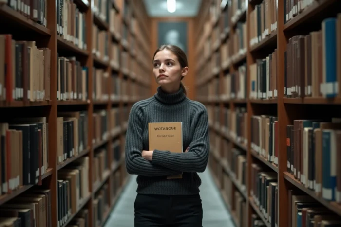 Jeune femme tenant un roman de Kafka dans le couloir d'une bibliothèque universitaire