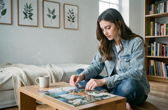 Jeune femme concentrée sur un puzzle complexe dans un appartement minimaliste, activité créative pour occuper son temps libre