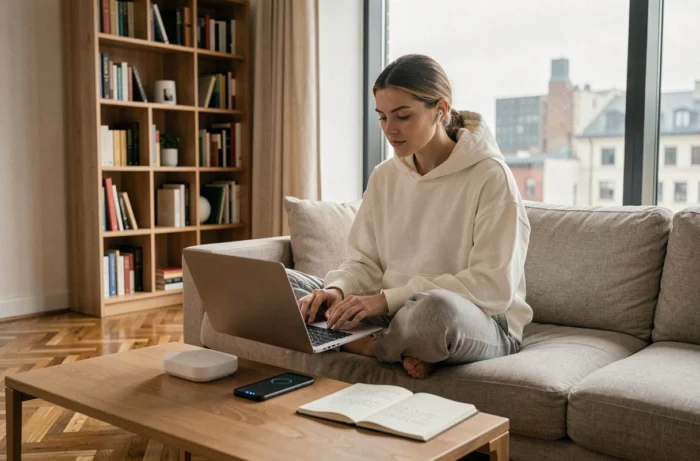 Jeune femme travaillant depuis chez elle avec ordinateur portable et appareils connectés dans un appartement urbain moderne
