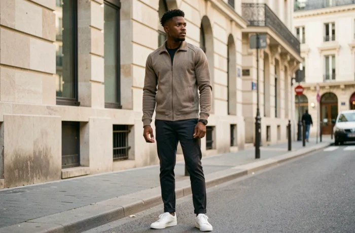 Jeune homme d'origine franco-africaine en tenue décontractée devant une façade urbaine française, évoquant les racines culturelles et la nationalité mixte d'un footballeur comme Matthis Abline