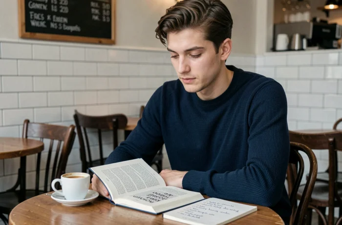 Jeune homme étudiant les adjectifs français dans un guide de grammaire dans un café parisien