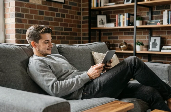 Jeune homme consultant une nouvelle adresse de téléchargement sur tablette dans son appartement