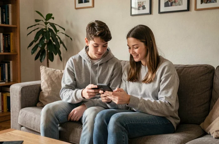 Adolescent et jeune adulte belges, frère et sœur, discutant des conditions d'allocations familiales dans leur appartement