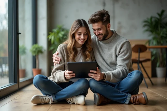 Deux jeunes adultes partageant un forum de poésie en ligne sur une tablette dans un espace moderne
