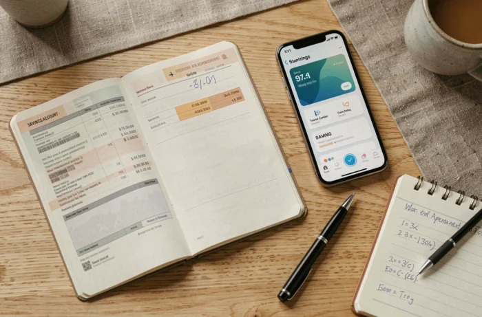Vue de dessus d'un livret d'épargne ouvert, un smartphone avec application bancaire et des calculs manuscrits sur un bureau en chêne