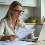Femme consultant des documents de location de sa résidence principale sur une table de cuisine avec un ordinateur portable