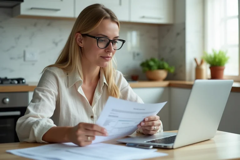 Femme consultant des documents de location de sa résidence principale sur une table de cuisine avec un ordinateur portable