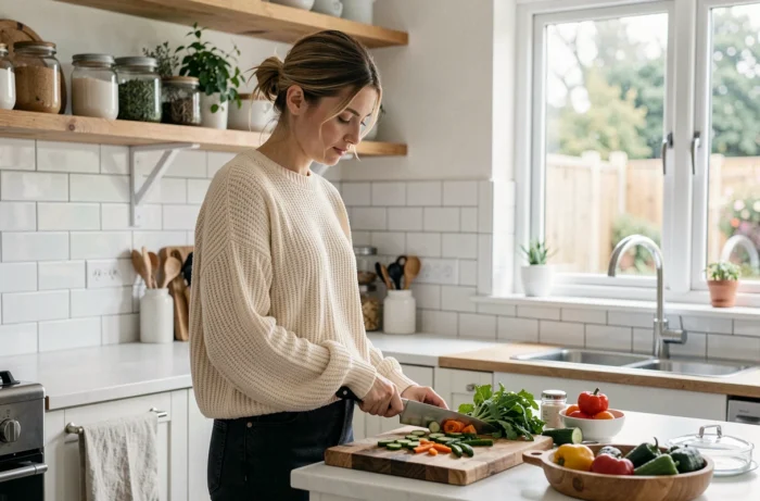 Maman préparant un repas fait maison dans une cuisine lumineuse et bien rangée