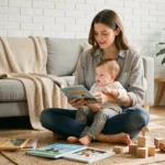Jeune maman lisant un livre à son enfant sur le parquet d'un salon chaleureux et naturel