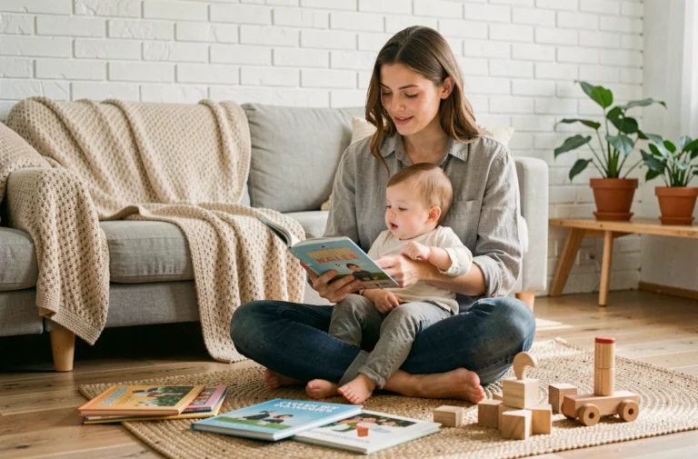 Jeune maman lisant un livre à son enfant sur le parquet d'un salon chaleureux et naturel