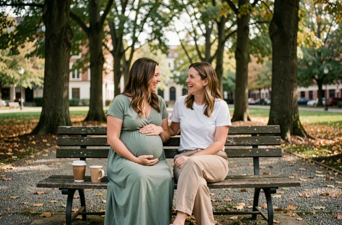 Deux mamans dont une enceinte partageant un moment de complicité sur un banc dans un parc en automne