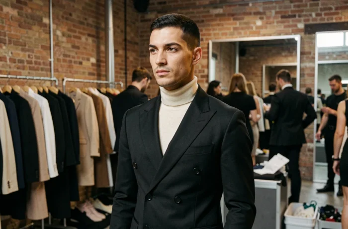 Mannequin masculin en costume noir double boutonnage dans les coulisses d'un défilé de mode, entouré de portants de vêtements et d'assistants stylistes