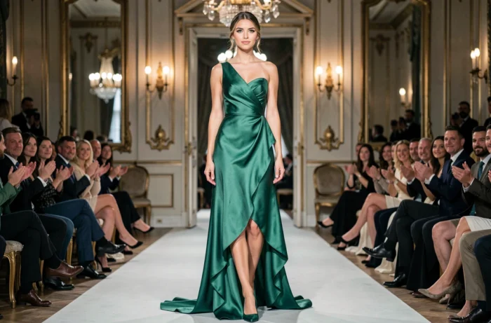 Mannequin en robe longue en soie verte posant en fin de défilé dans un grand salon haussmannien avec des moulures dorées et un public applaudi en arrière-plan flou