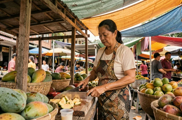 Marchande thaïlandaise utilisant un couteau de cuisine pour découper des fruits tropicaux sur un marché de Chiang Mai
