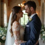 Couple de mariés en tenue élégante dans une salle de réception intime avec décoration florale blanche, illustrant un mariage discret et raffiné