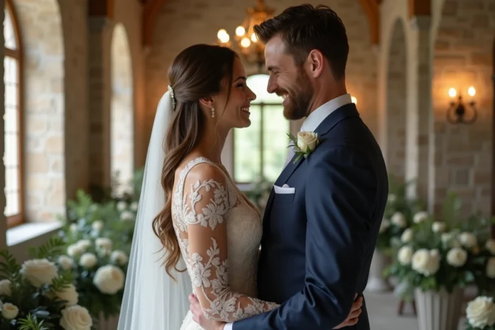 Couple de mariés en tenue élégante dans une salle de réception intime avec décoration florale blanche, illustrant un mariage discret et raffiné