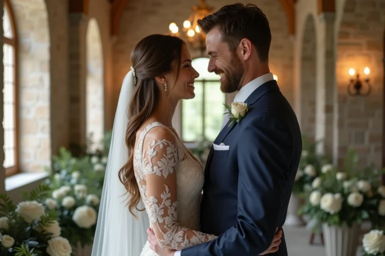 Couple de mariés en tenue élégante dans une salle de réception intime avec décoration florale blanche, illustrant un mariage discret et raffiné