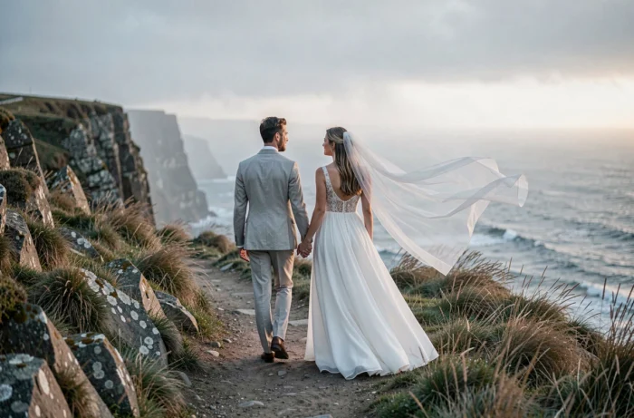 Mariés marchant main dans la main sur un sentier côtier brumeux avec vue sur l'océan, la robe de mariée et le voile flottant dans la brise