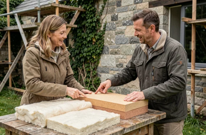 Couple comparant des matériaux isolants naturels comme la laine de mouton et le liège devant une maison en pierre à rénover