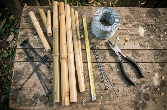 Vue de dessus des outils et matériaux nécessaires pour fabriquer un brise vue en bambou