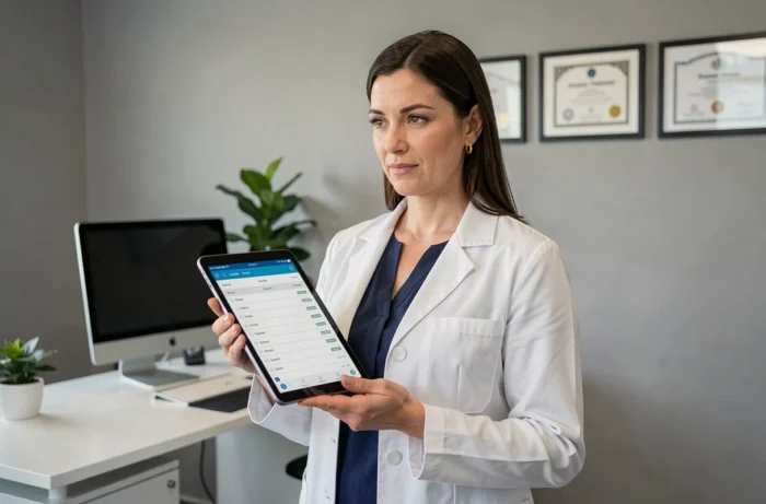 Professionnelle de santé consultant un dossier médical numérique sur tablette dans un cabinet médical moderne